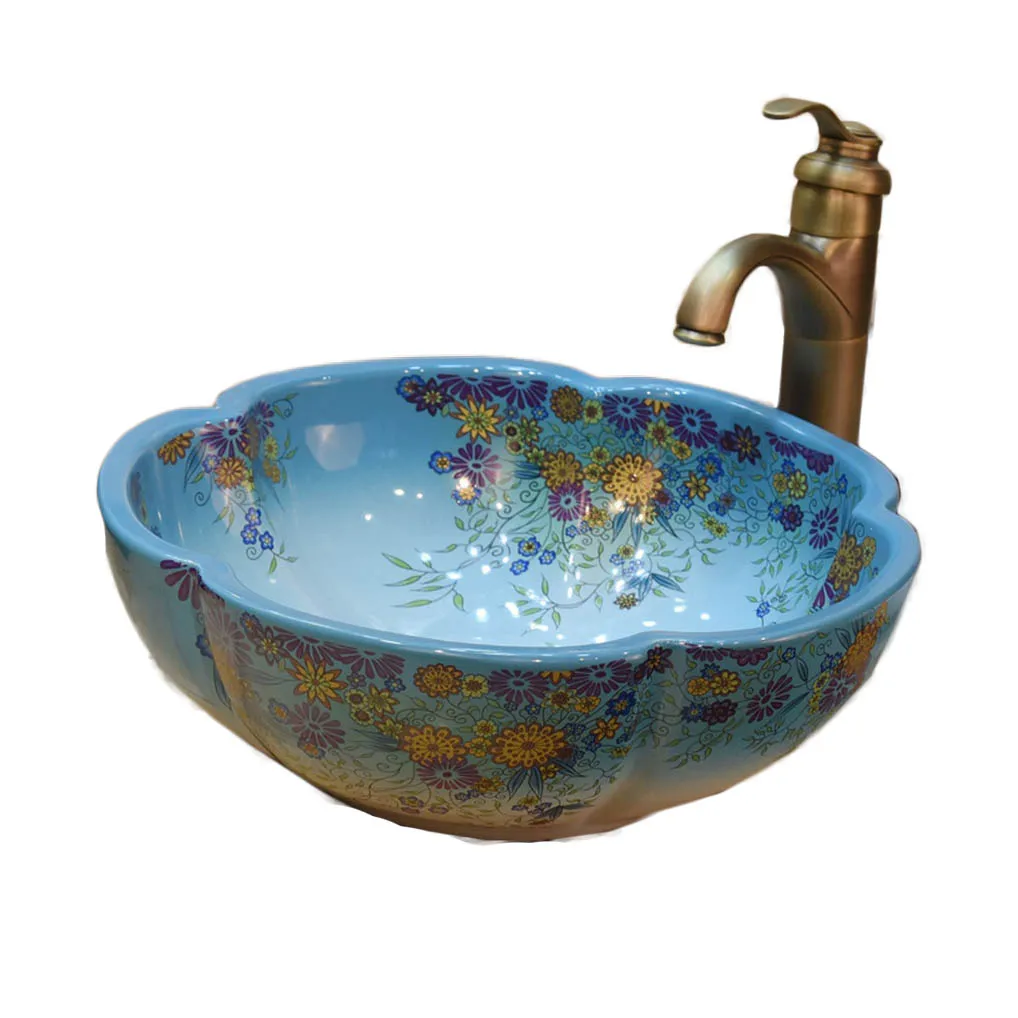 Цзиндэчжэнь керамический умывальник над столешницей раковина художественная умывальник сливового типа Средиземноморский Цветок Сад LO620424 - Цвет: Sink With Faucet