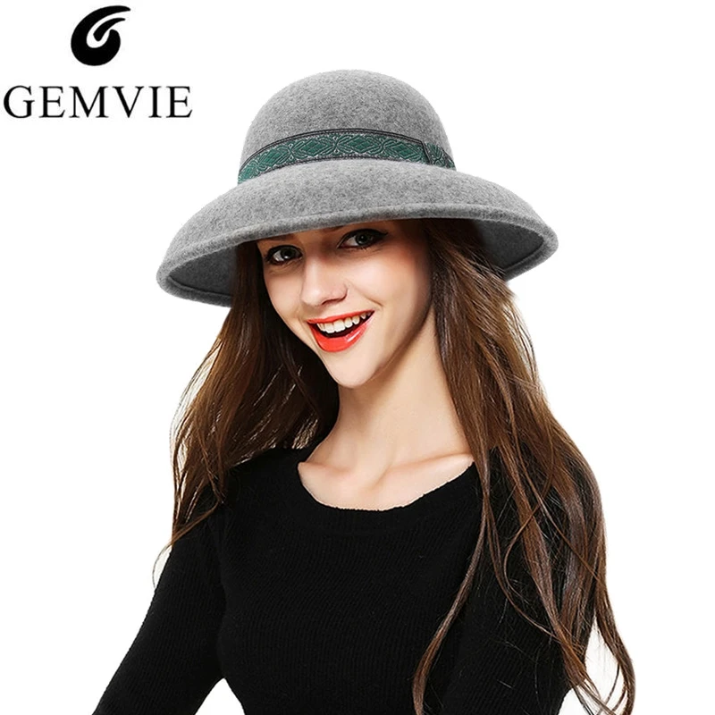 

Trendy Dome Bucket Hat Solid Color 100%Wool Soft Hat for Women Print Band Decor Wide Brim Woolen Top Hat Sunhat Adjustable