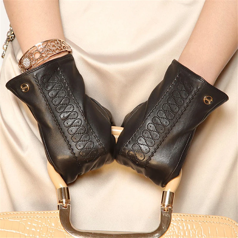 Новая мода, зимние женские перчатки на запястье из натуральной кожи, черные женские перчатки из овчины, EL001NR