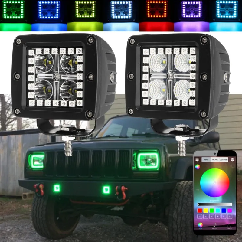 

2pcs/set 12W 3 Inch LED Work Light RGB Angel Eye Spot/Flood Driving Work Light Bar APP Remote Control For Jeep SUV Offroad Car