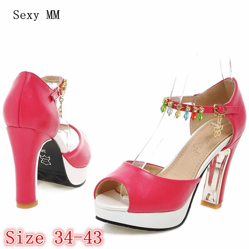 

Ankle Strap Platform Pumps Summer Women Peep Toe High Heels Sandals Woman High Heel Party Wedding Shoes Plus Size 34-40.41.42.43