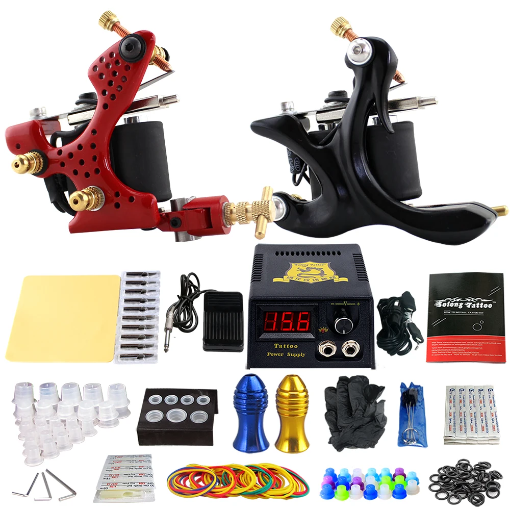 

Complete Tattoo Machine Kit Set 2 Coils Guns Sets Grips Body Arts Supplies Needles Tips Tattoo Beginner Kits TK202-28