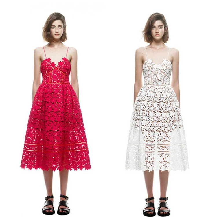 2016 New S*P Handmade White/Red Sexy Deep V-neck Flower Lace Dress Runway Elegant Dresses Hollow Out Long Dress Shoulder-Straps 