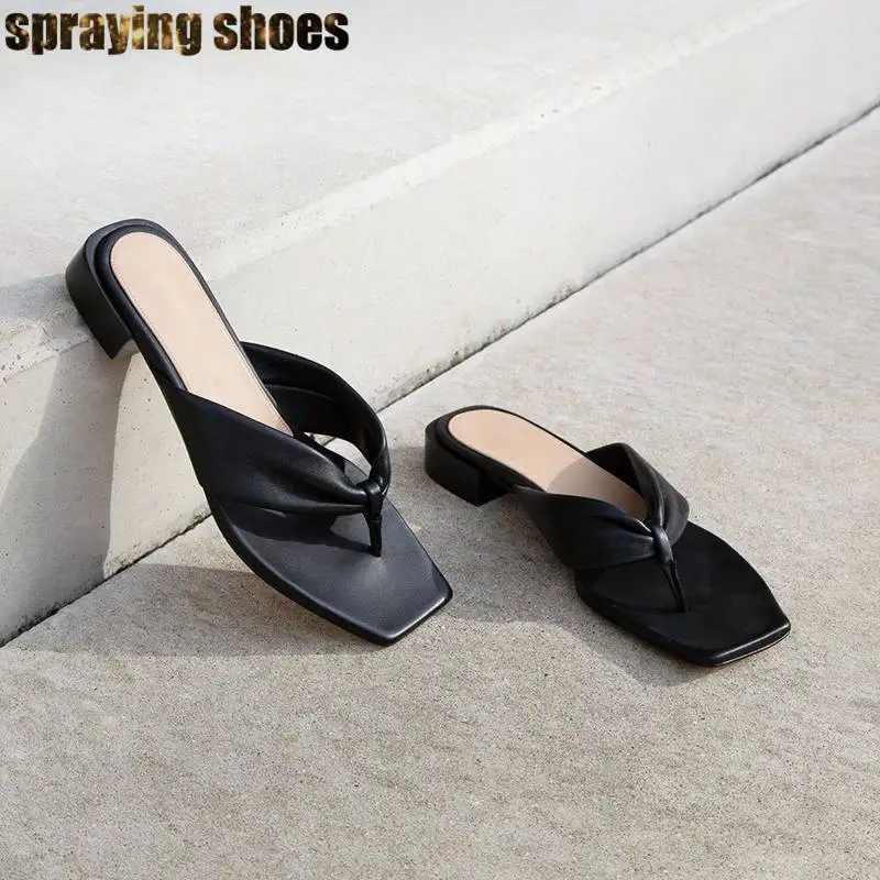 

Genuine Leather Sqaure Toe Sandals Women Flat Shoes Chunky Heel Summer Beach Sandals Sexy Ladies Slides Chic Flip Flops Sandals