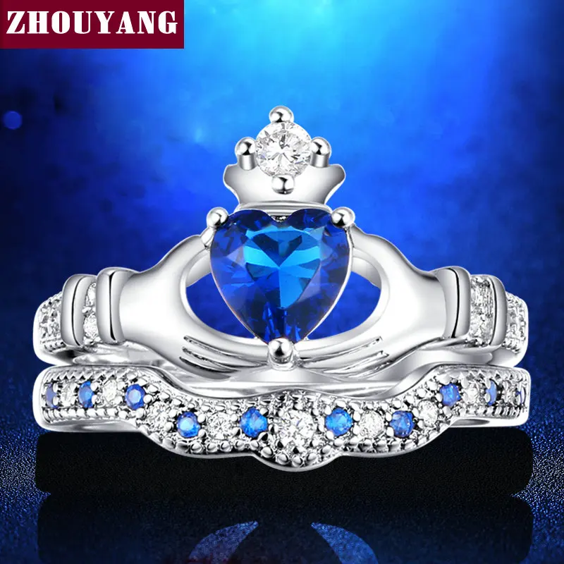 Holding the Created Blue Crystal love Heart Cubic Zirconia Crown Wedding Ring Sets Silver Color Blue Crystal 2016 new ZYR616