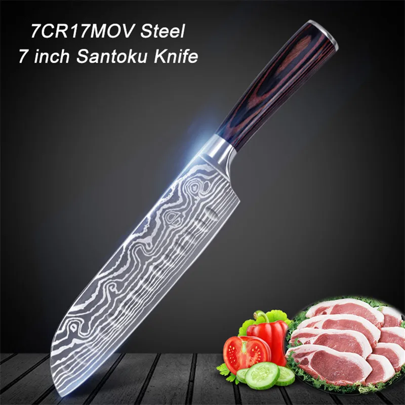 

High quality 7" inch Kitchen Knife Japanese Chef Santoku Knives Utility Knife Meat Cleaver 7Cr17mov Stainless Steel Cutter Tool