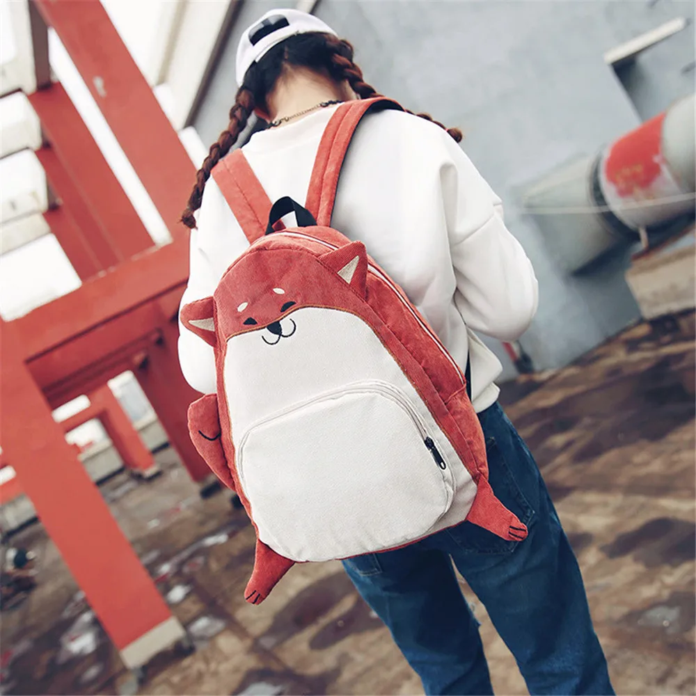 Women Backpack Schoolbag Canvas Cute Dog Fox Ear Embroidery Corduroy Female Vintage Notebook For Girls School | Багаж и сумки