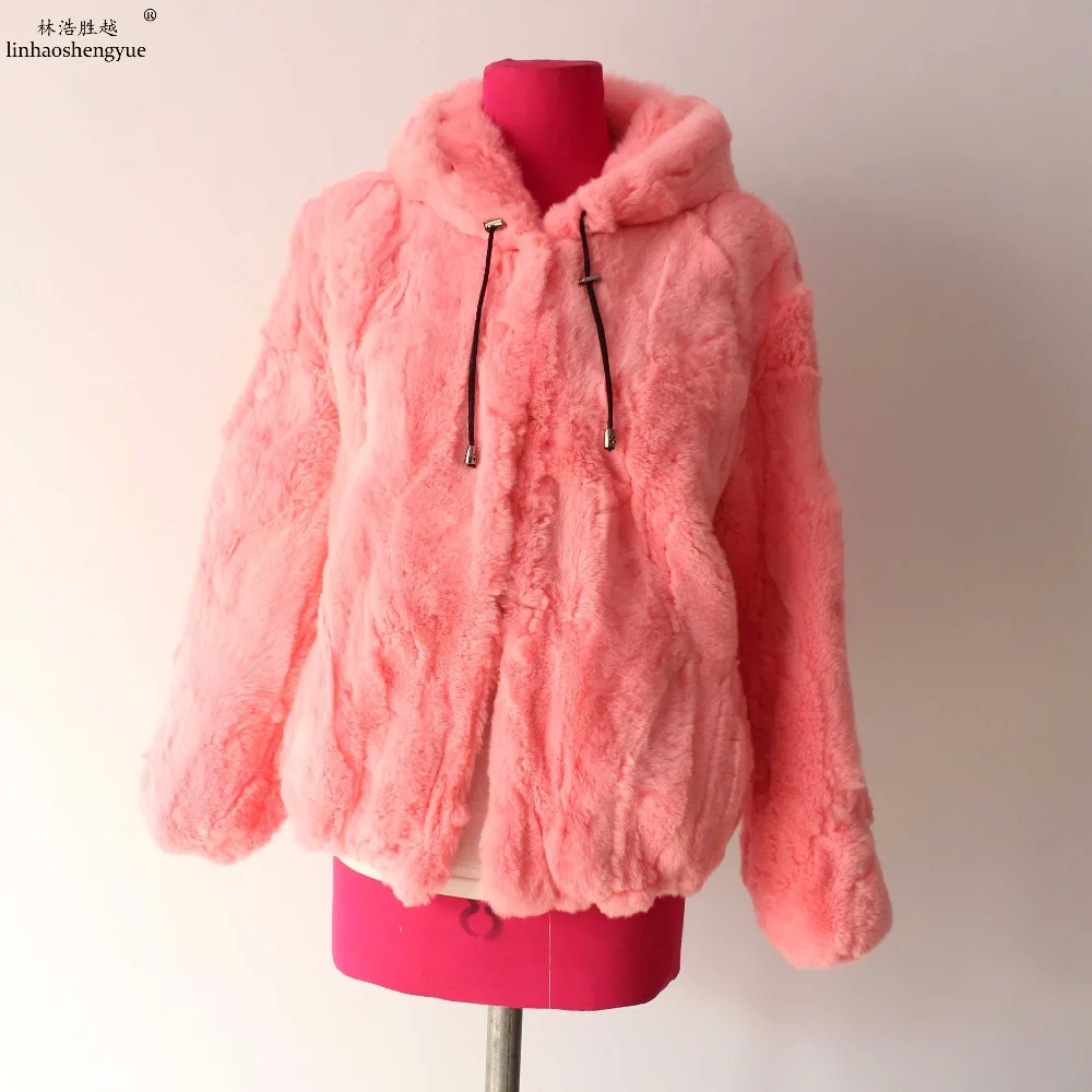 

Linhaoshengyue real Rabbit fur coat with hood