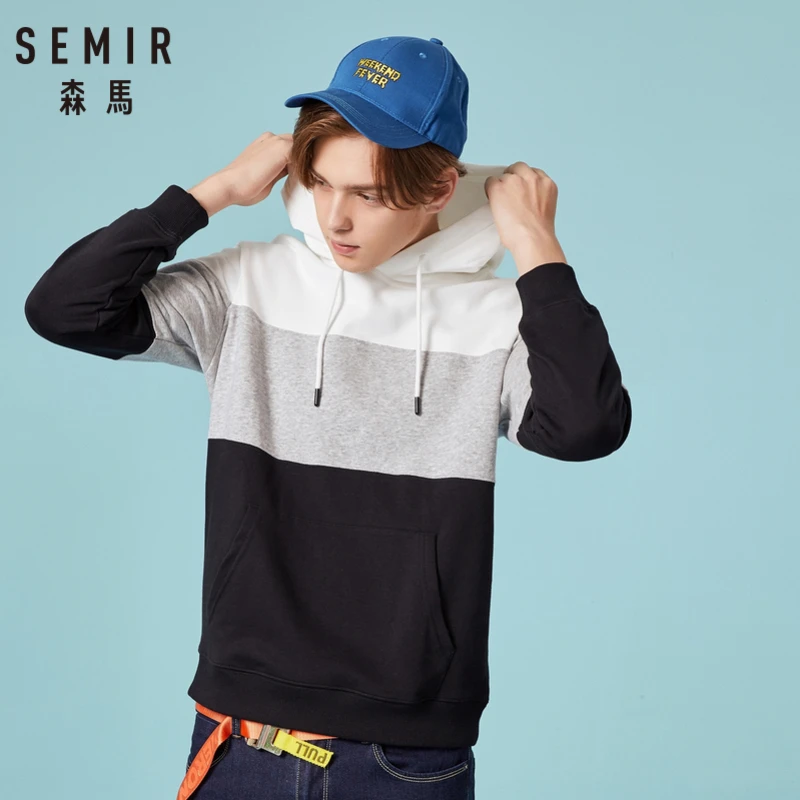  SEMIR Men Retro Color Block Hooded Sweatshirt with Kangaroo Pocket Pullover Hoodie Elastic Drawstri