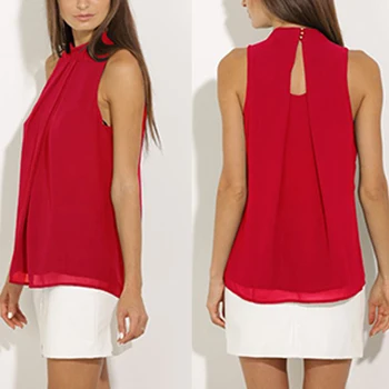 

Women Chiffon Blouse Summer Sleeveless Shirt Back Hollow Elegant Pleated Tops Femme Plus Size Shirts