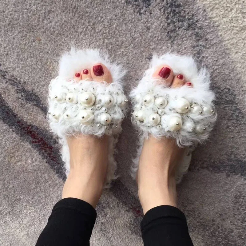

Autumn/Winter Fur Slippers Women Shoes Woman Pearls Wool Fur Slippers Zapatos De Mujer Ladies Slippers Outside/Home Chaussure