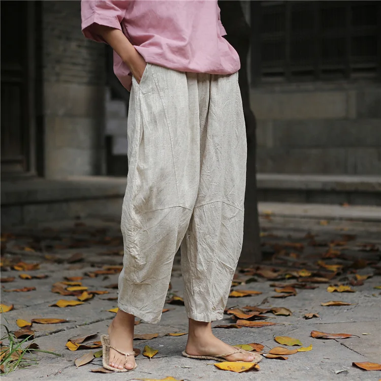 NINI WONDERLAND весенние штаны для женщин винтажные повседневные свободные льняные брюки осенние штаны-шаровары с эластичной талией женские брюки