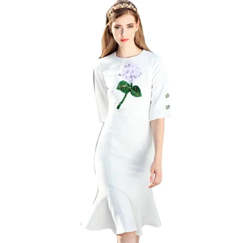 

Spring Autumn Dress 2018 High Quality Women Runway Dresses O-Neck 3D Flower Slim Mermaid Dress NPD0157N