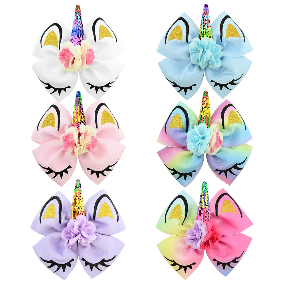 

6" Glitter Unicorn Hair Bows With Horn Rainbow Bow for Girls Sequin Flower Hair Clip School Kids Party Hair Grips Hair Ornaments