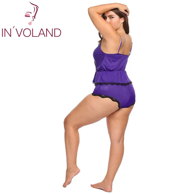 IN’VOLAND Full Size Women Sleepwear Pajama Set L-4XL Lounge Lace Trim Ruffles Hem Patchwork Large Cami Shorts Nightwear Big Size
