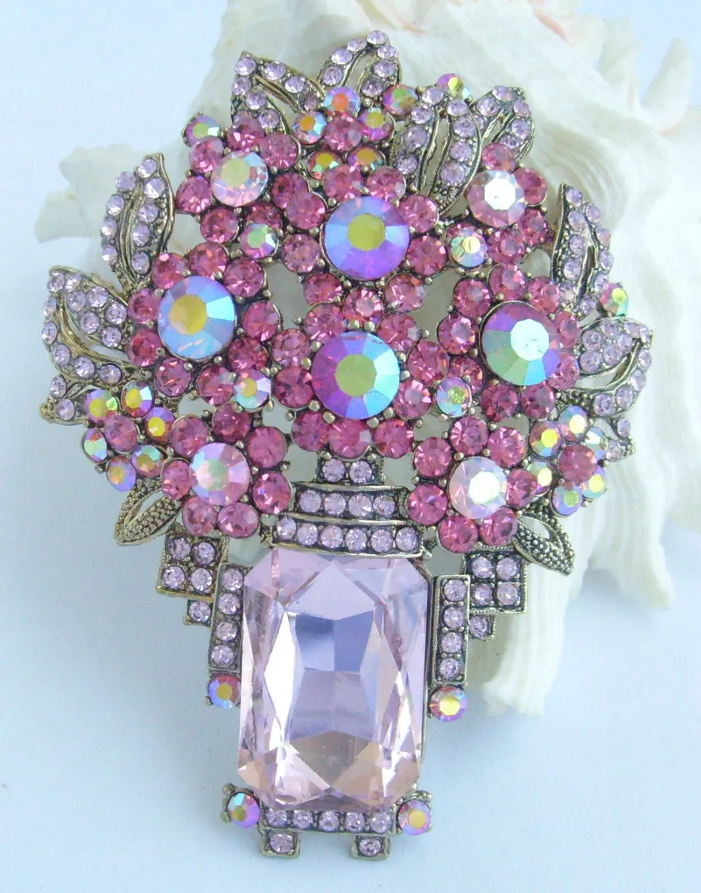 3.35" Flower Brooch Pin Pink Rhinestone Crystal EE06411C2in