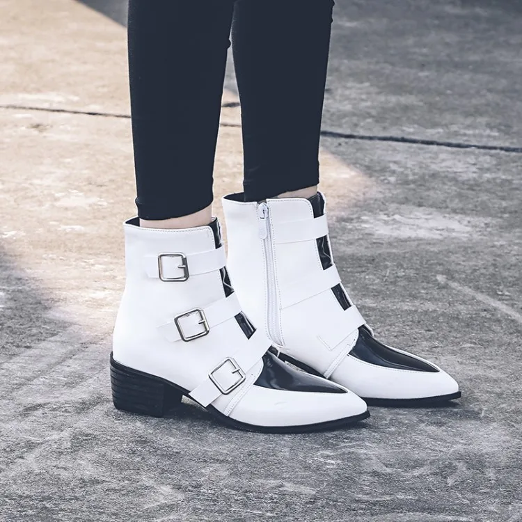 

Big Size11 12 13 14 15 16 17Pinpoint, thick heel, middle heel belt, buckle side zipper, color matching short barrel Martin boots
