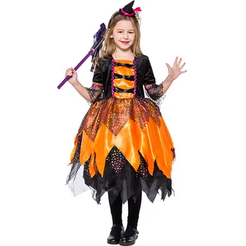 

Pretty Orange Moon Night Sparkly Accents Witch Girls Halloween Costume