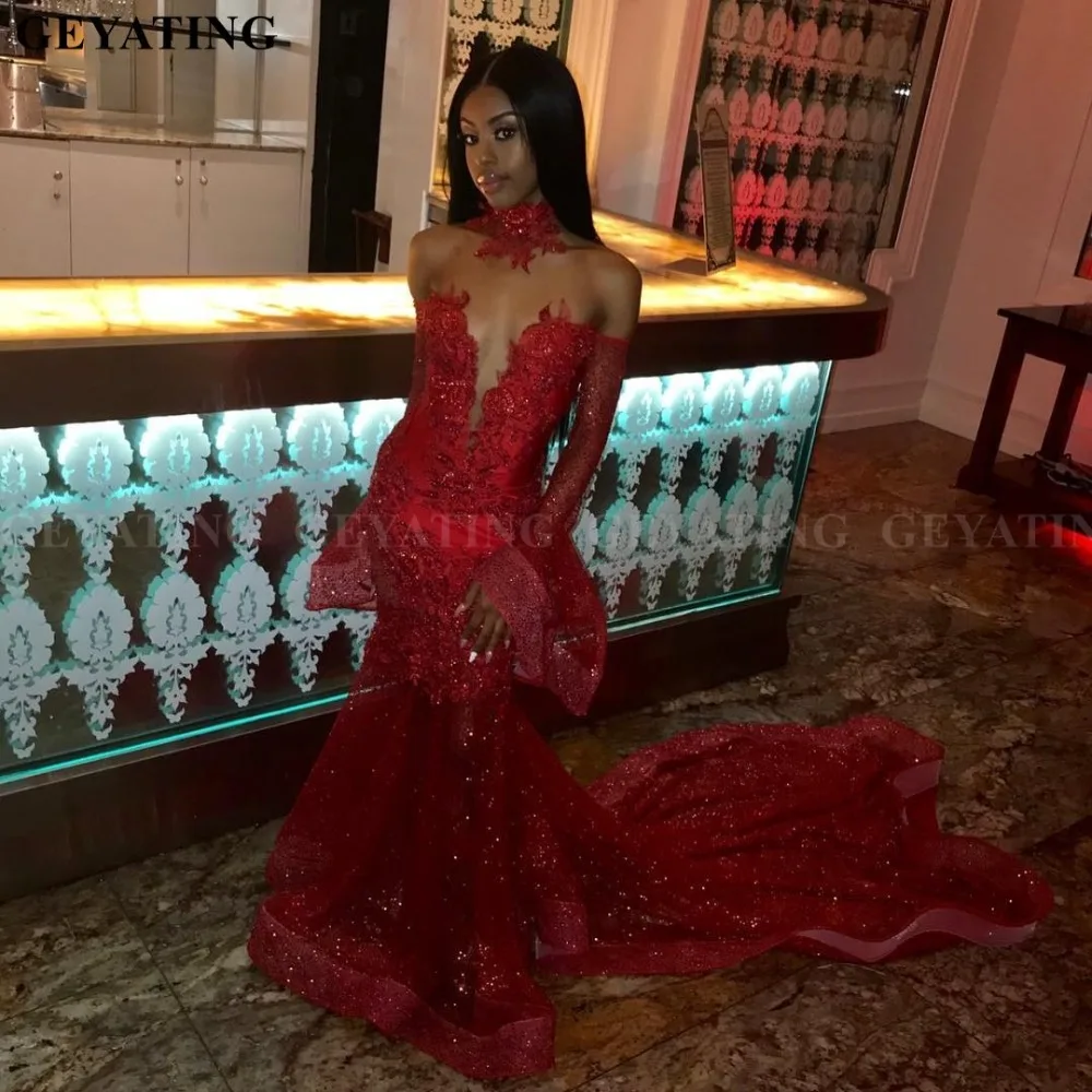 

Sparkly Sequin Long Sleeves Mermaid Red African Prom Dress with Court Train Lace Appliques Black Girls Graduation Party Dresses
