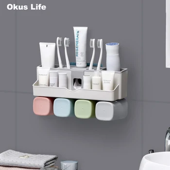 

1 Set Tooth Brush Cup Holders Automatic Toothpaste Dispenser Toothbrush Shampoo Cosmetics Holder Wall Mount Stand Bathroom Shelf