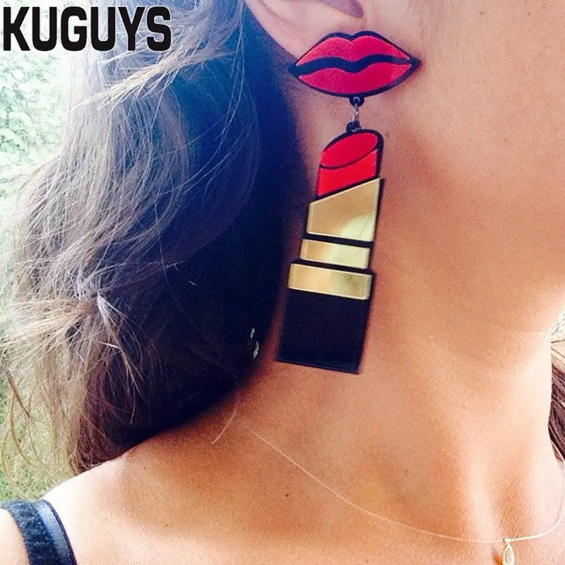 

KUGUYS Acrylic Jewelry Custom Brincos Jewelry Lipstick Long Earrings for Women Pendientes Hyperbole Lip Drop Earring Oorbellen