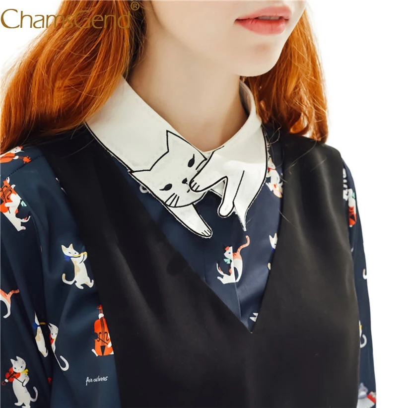 Милая рубашка-подделка с рисунком котенка, блузка с воротником, Женская однобортная белая одежда со съемным воротником, одежда 90514