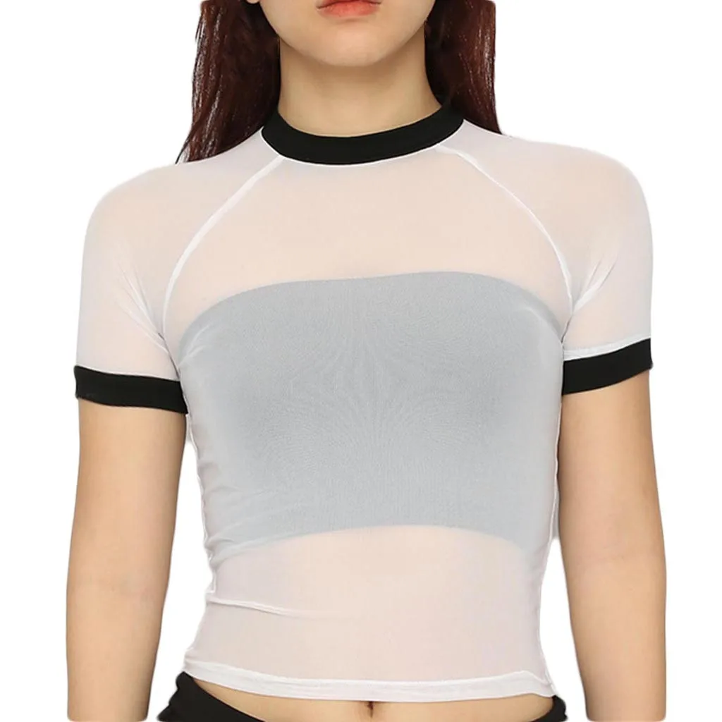 

SAGACE Women T shirt Mesh Crop Top Crew Neck Stretch Short Sleeve Bodycon T-shirt Sexy Tops Casual T shirts Ladies Tee 2019 new