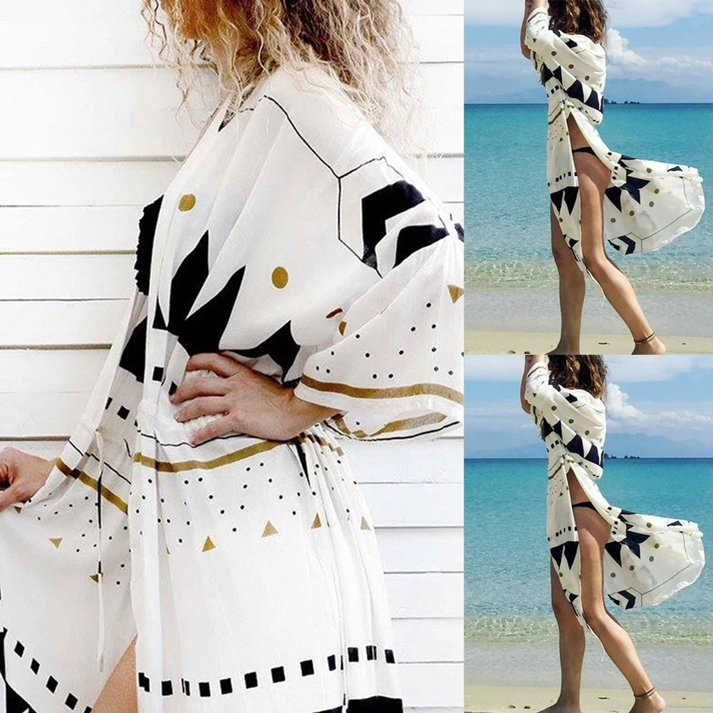 Летнее солнцезащитное пляжное платье для женщин, пляжный саронг, накидка, купальник, рукав семь четверти, пляжные туники, купальный костюм, накидка