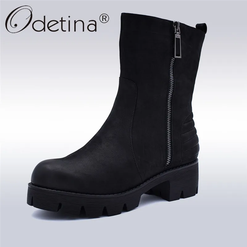

Odetina New Fashion Genuine Leather Warm Wool Work Boots Women Platform Low Heels Concise Mid Calf Booties Side Zip Winter Shoes