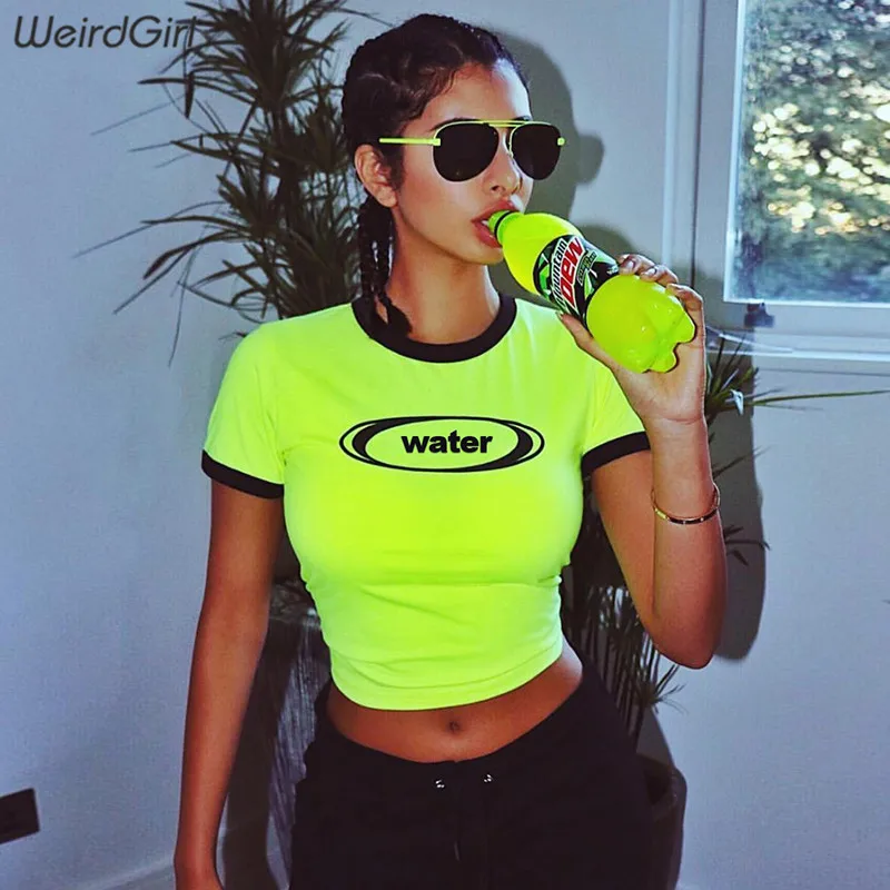 

Weirdgirl women T-shirts letter print yellow fashion casual o-neck short sleeve slim femme tops crop tops new summer 2019