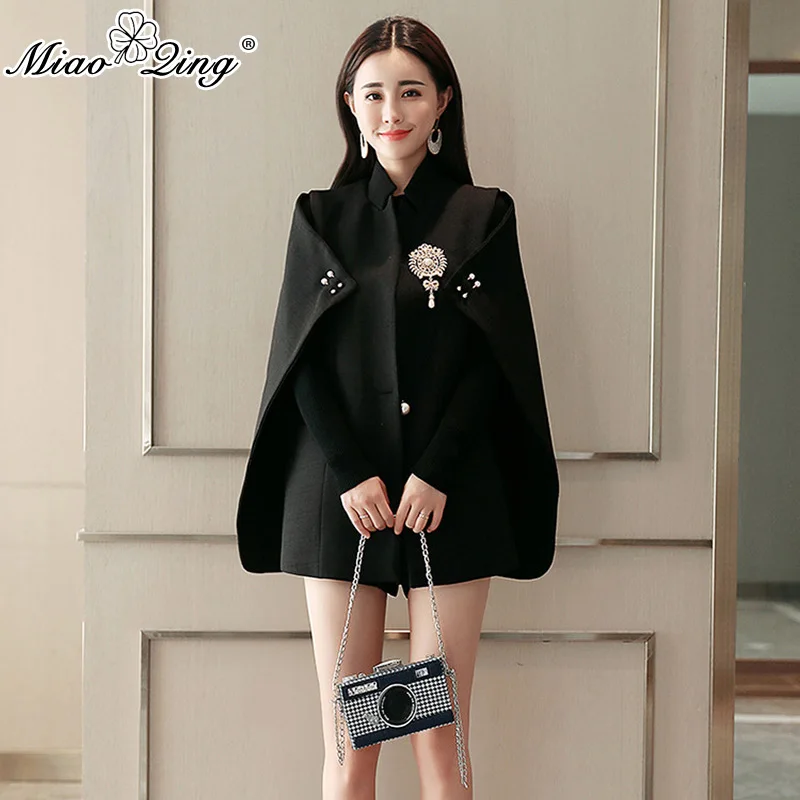 MIAOQING Autumn Designer Women Beadinged Diamond Cape Blazer Sexy Black White Ruched Coats Cape Office Wear cloak Clothes