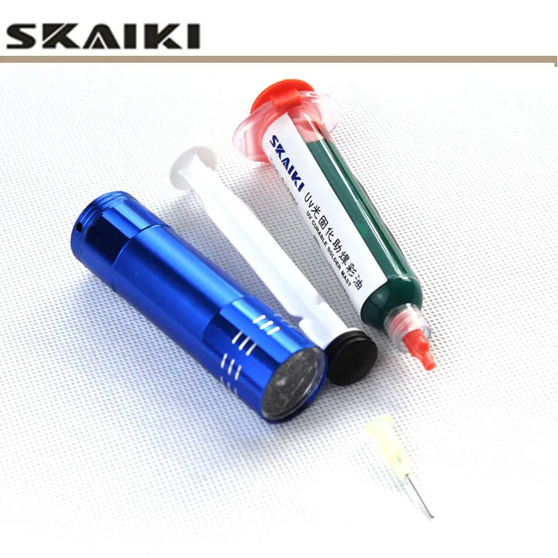 

1pcs 10ml Green UV Solder Mask PCB BGA PAINT PREVENT CORROSIVE ARCING Soldering Welding Fluxes Oil+ UV curing light+piston