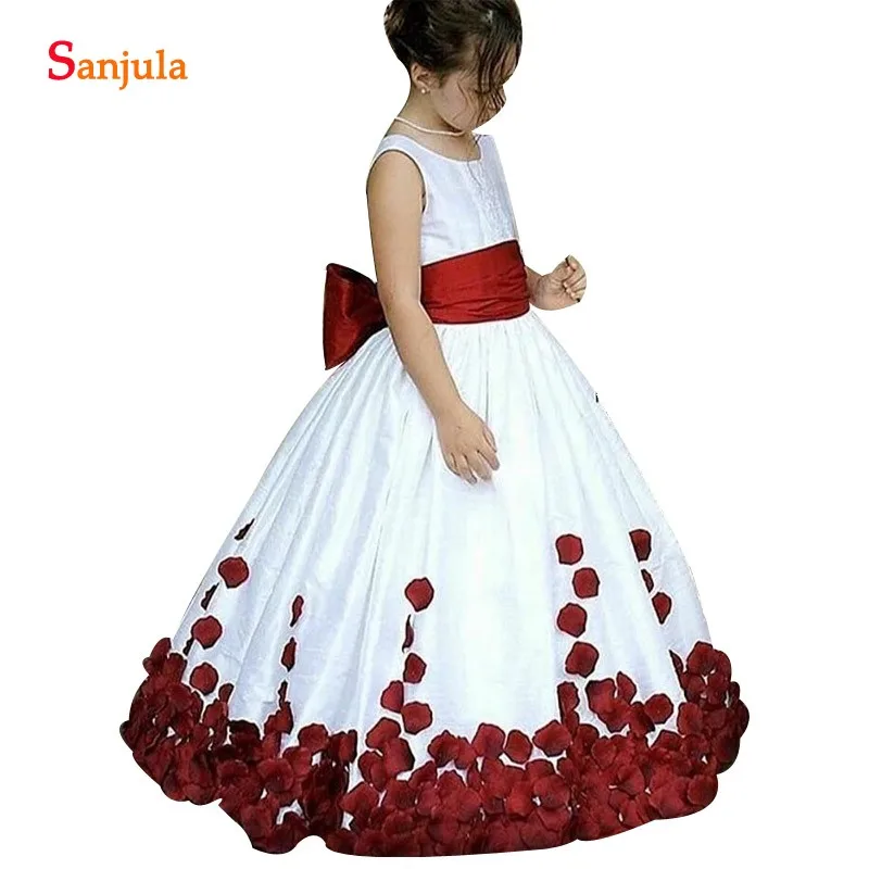 Белая тафта платье с цветочным узором для девочек с бордовым поясом лепестки детское платье для свадебной вечеринки длинные дети строгий