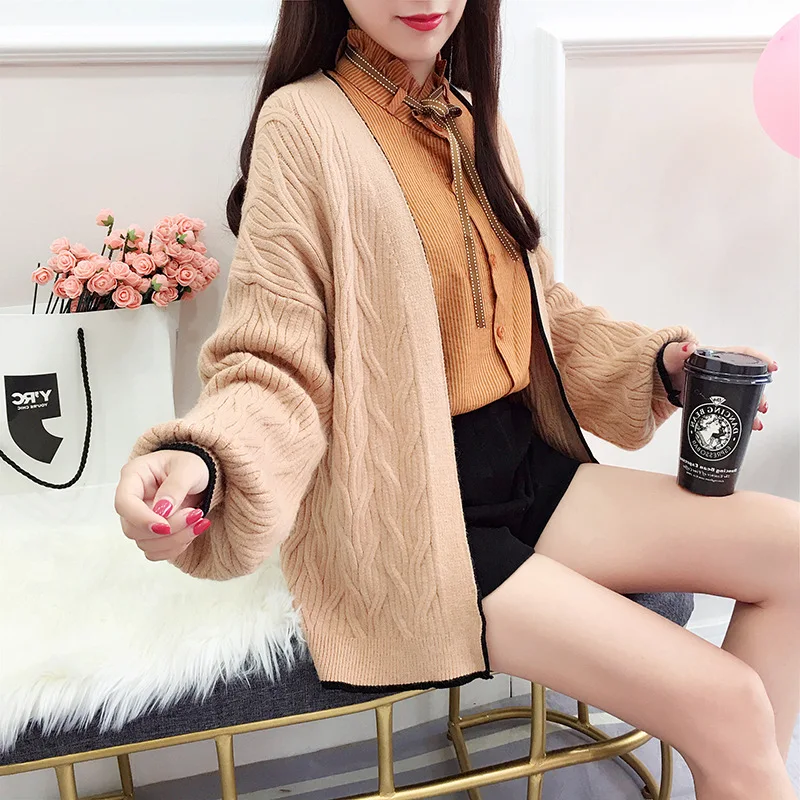 Fashion Women Knitted Sweater V-neck Lantern sleeve Casual Cardigan Long Sleeve Jacket Loose Coat Knitting Outwear Tops D226