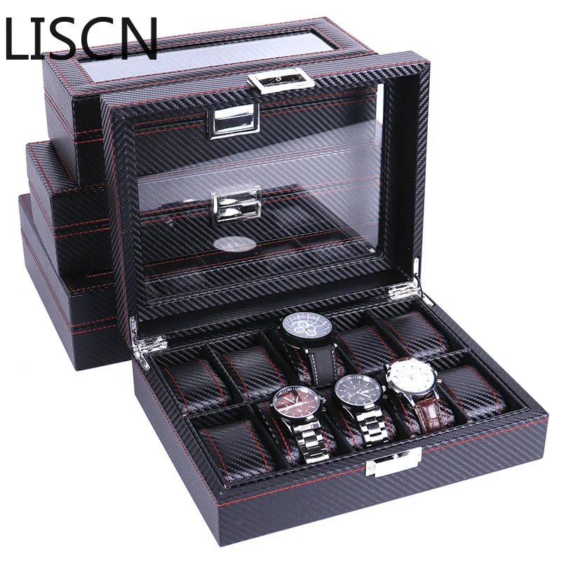

High Carbon Fiber 5 6 10 12 Grid Watch Box Watch Display Storage Box Bracelet Watch Display Slots Case holder Storage Container