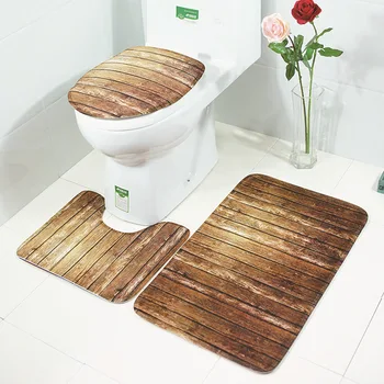 

3-Piece Set Wood Grain/Shell Printing Blue/Brown Bathroom Rug Mat Soft Non-Slip Absorbent Carpet for Toilet Tub Shower and Bat