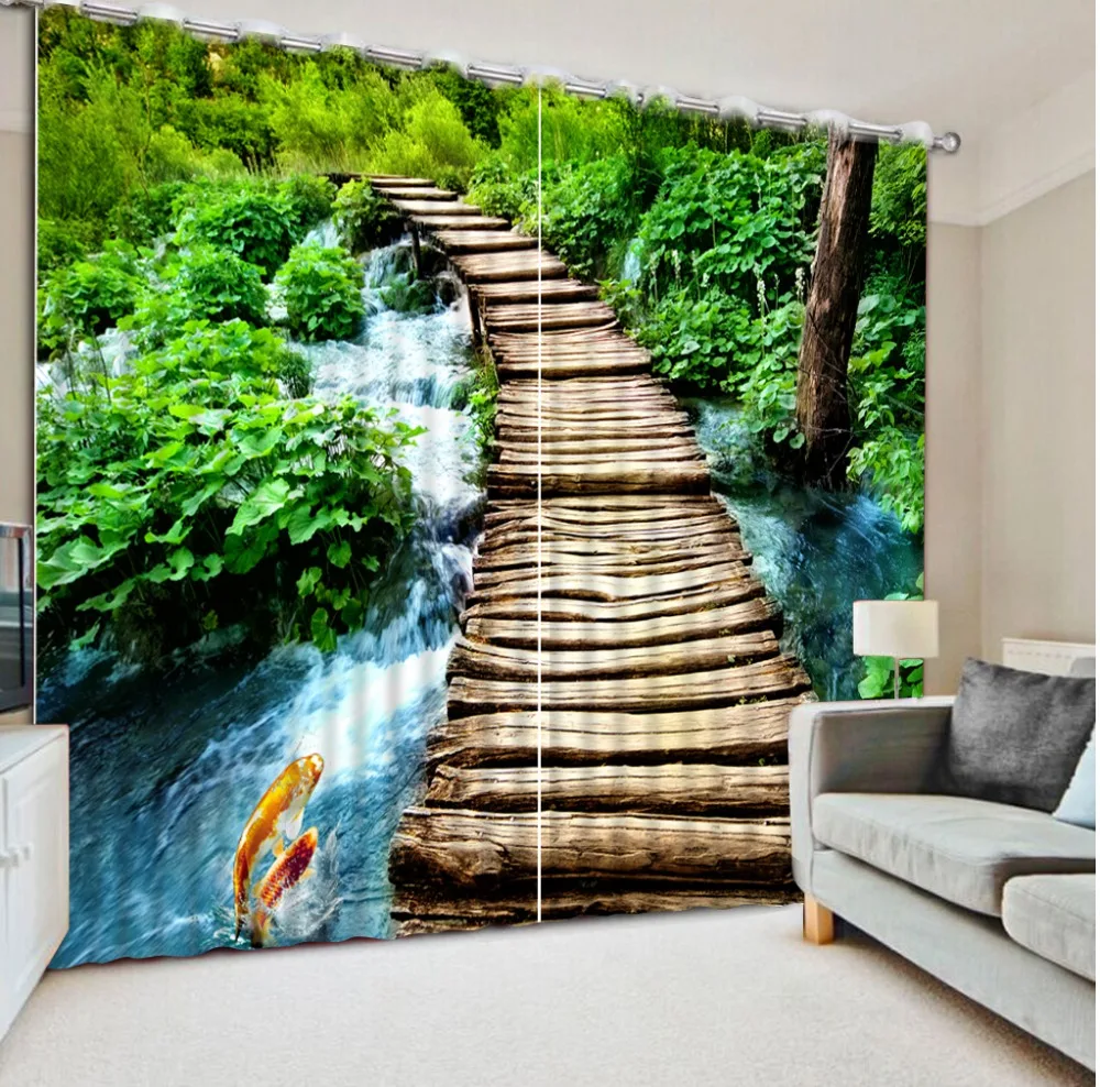 Modern 3D Wooden bridge water landscape Curtains For Bedroom Custom
