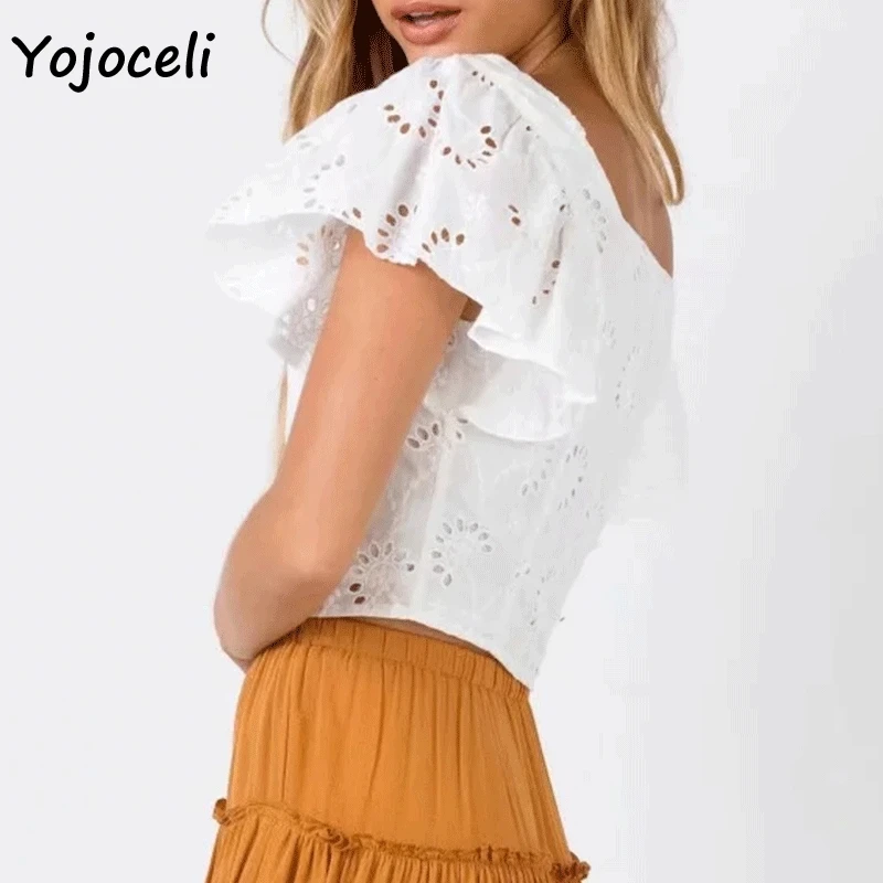 Yojoceli Лето 2019 г. рюшами рукавом Хлопок Вышивка блузки рубашки топы для женщин