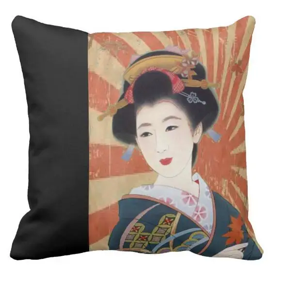 Oriental Vintage Japanese Geisha Prints Throw Pillows Cases Black Sun Rays Japan Style Kimono