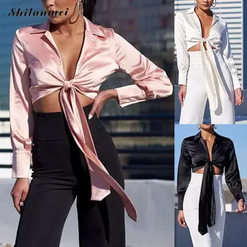 

Turn Down Collar Long Sleeve Blusas Slim Crop Top Women Tops And Blouses Femininas 2019 Summer Vacation Shirts Bandage Bow Hem