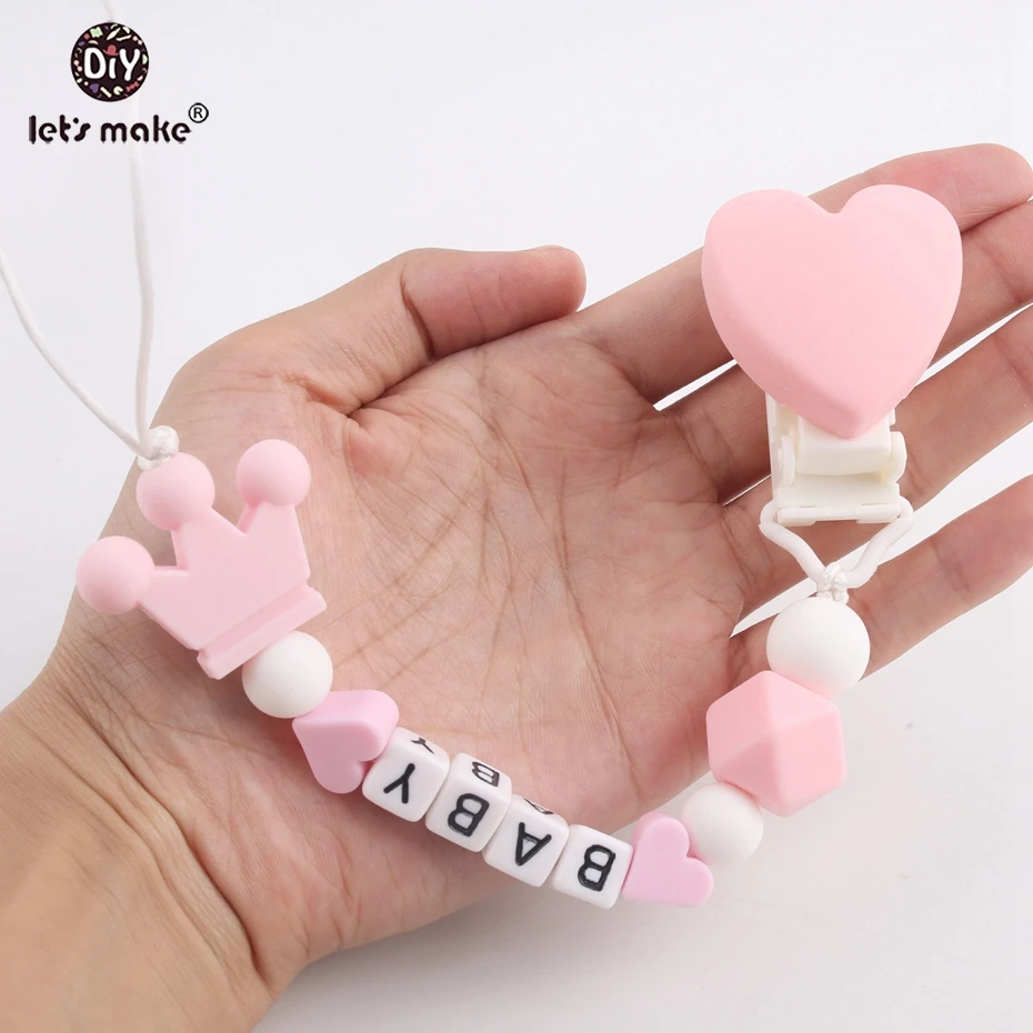 Let's make 1pc Baby Silicone Teething Heart Pacifier Clip Customize Name Can Chew Beads BPA Free Baby Shower Gift Dummy Clips