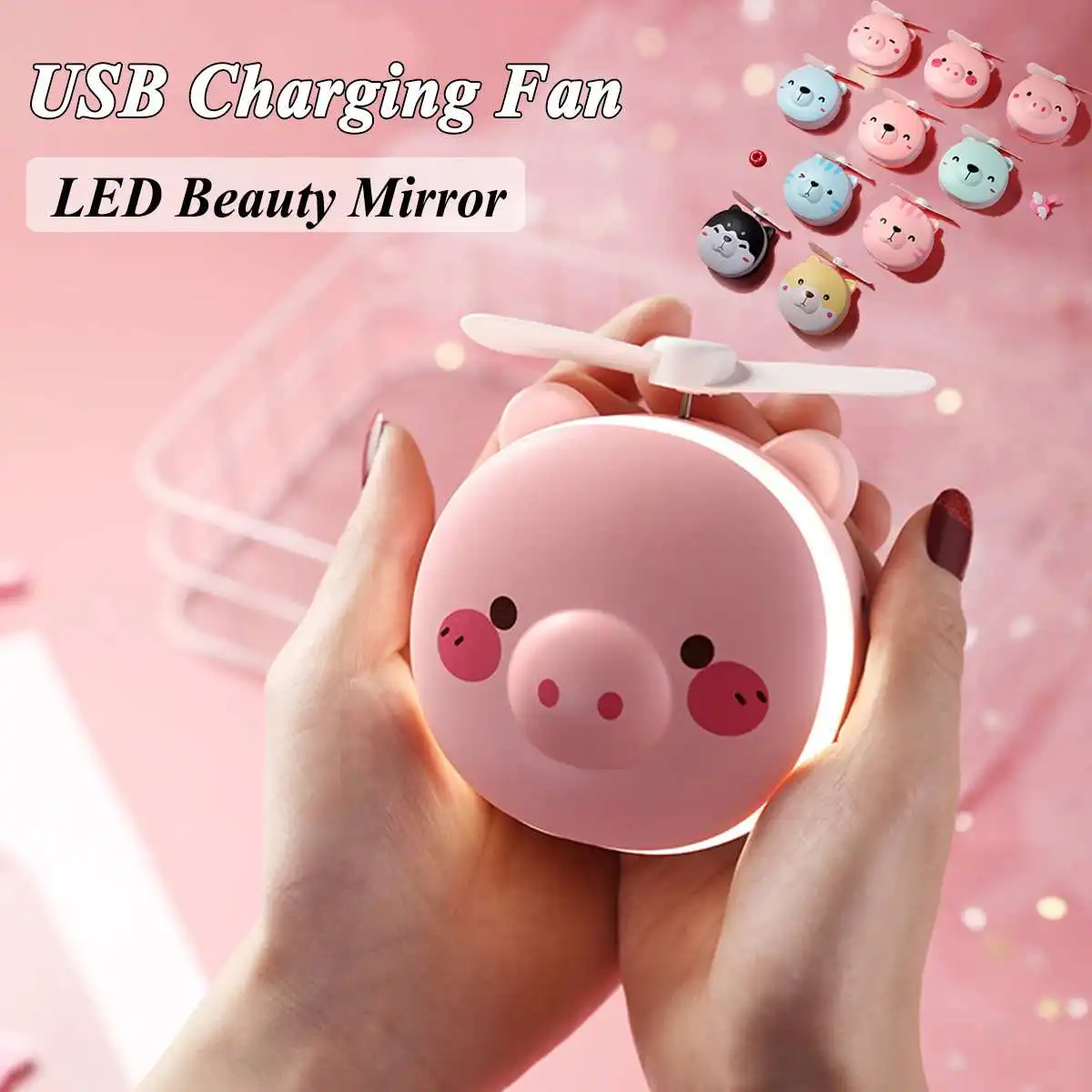 

2 in 1 Cartoon Pig LED Light Beauty Mirror Mini Handheld Fan Multifunction USB Rechargeable Portable Outdoor Small Cooling Fan