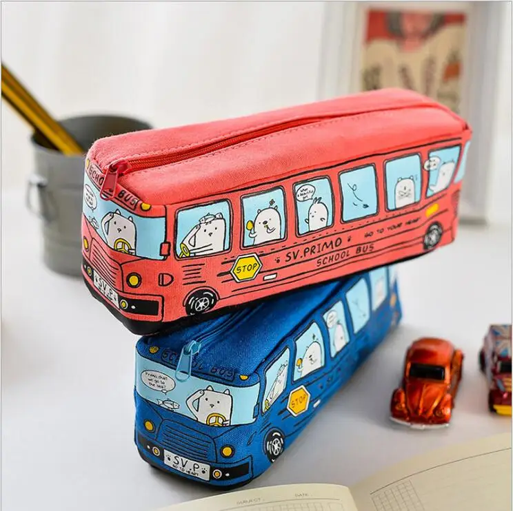 

NNRTS Creative Cartoon Bus Pencil Bag Student School Stationery Children Gifts Large Capacity Canvas Bags