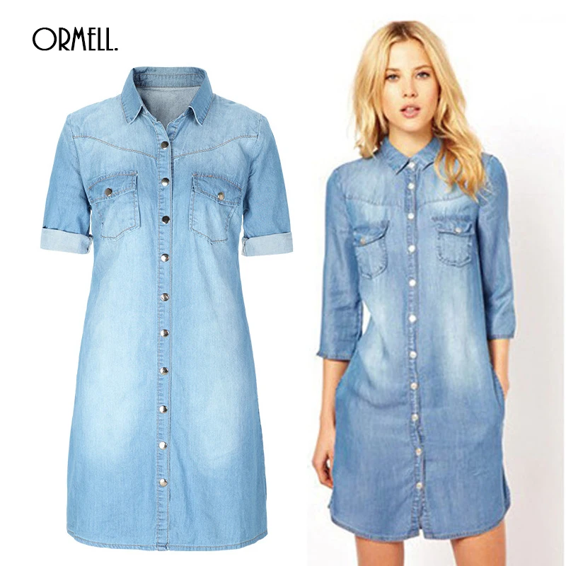 Blauw Driekwart Jurk Vrouwen Zomer Mouwen Denim 2016 Plus Size exCBodr
