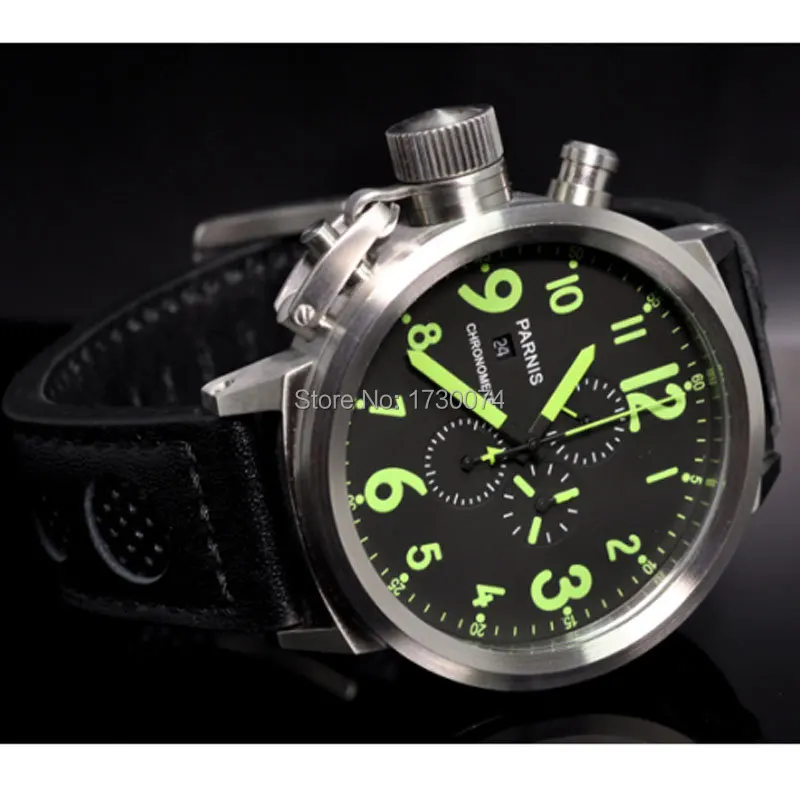 

Parnis watch 50mm black dial Full chronograph date display green mark quartz movement Men's watch P036