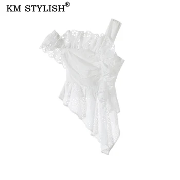 

2019 Summer New Women's White Shirt Fashion Lace Blouse Skew Collar Ruffles Cutout Asymmetrical Shirt