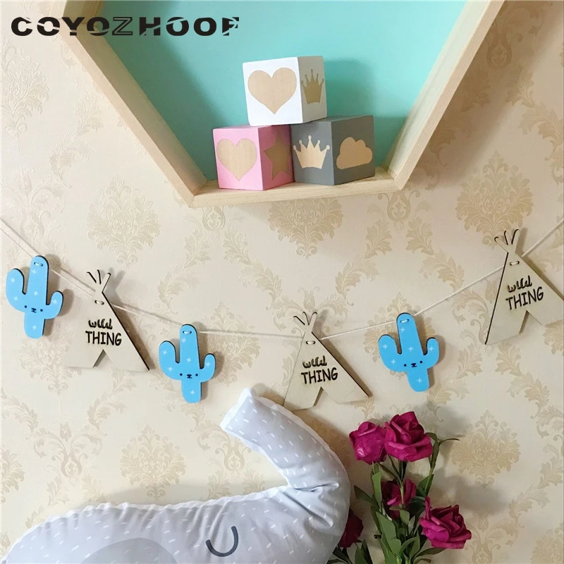 

10PCS/SET Wood Chips Swan Cactus Leaf Cloud Unicorn Shape Garlands Girls/Boy Kids Room DIY Wall Decor Banner Photography Props