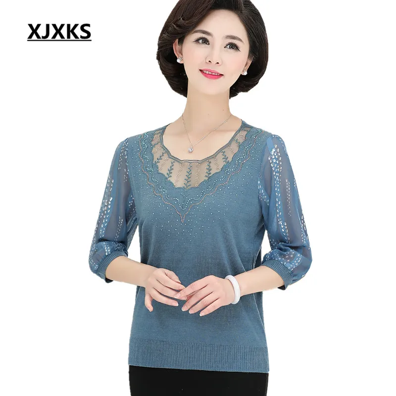 

XJXKS Fashion Three Quarter Sleeve Women Chiffon Shirt 2019 Spring New Loose Plus Size Comfortable Casual Women's Thin Sweater