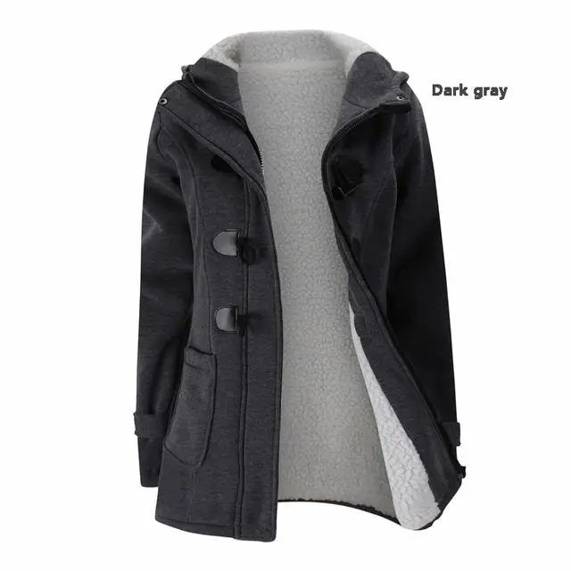 Зимние Модные женские тренчи с капюшоном и роговыми пуговицами, верхняя одежда, повседневное плотное флисовое однотонное теплое Женское пальто - Цвет: Dark gray
