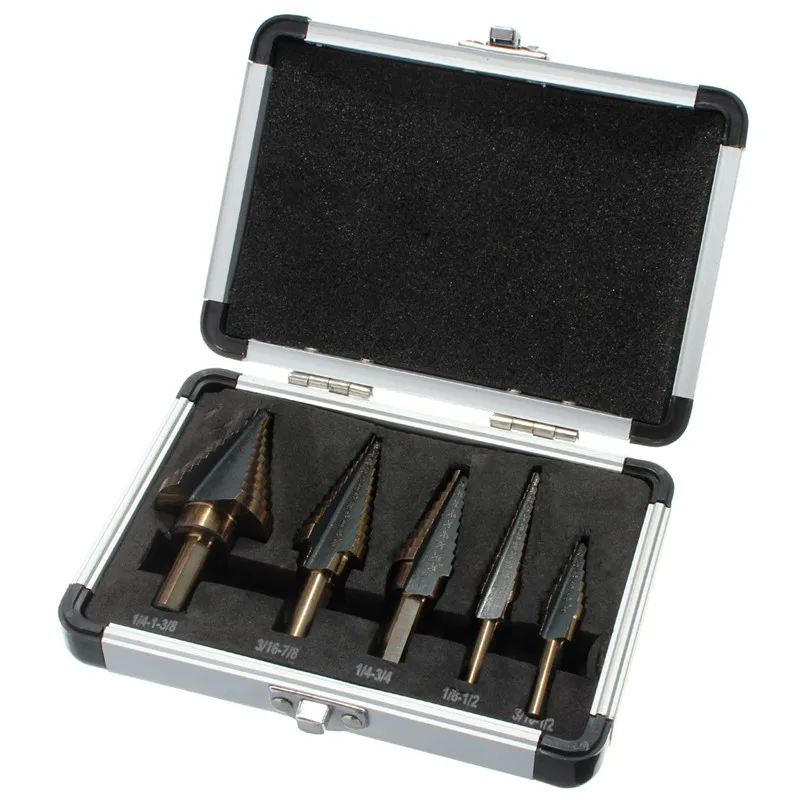 5pcs/Set HSS COBALT MULTIPLE HOLE 50 Sizes pagoda drilling STEP DRILL BIT SET w/ Aluminum Case